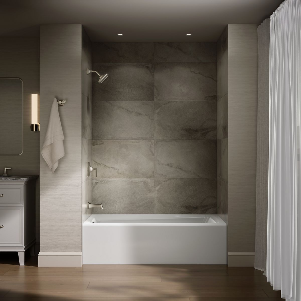 Up to 2 walls & multiple product categories visible, 1-point perspective