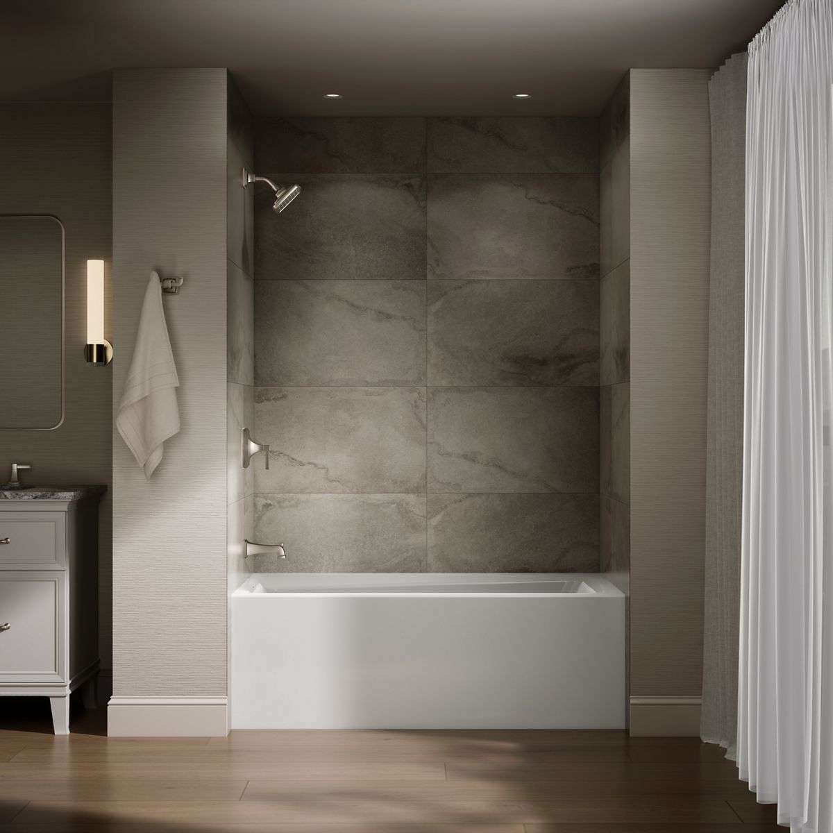 Up to 2 walls & multiple product categories visible, 1-point perspective