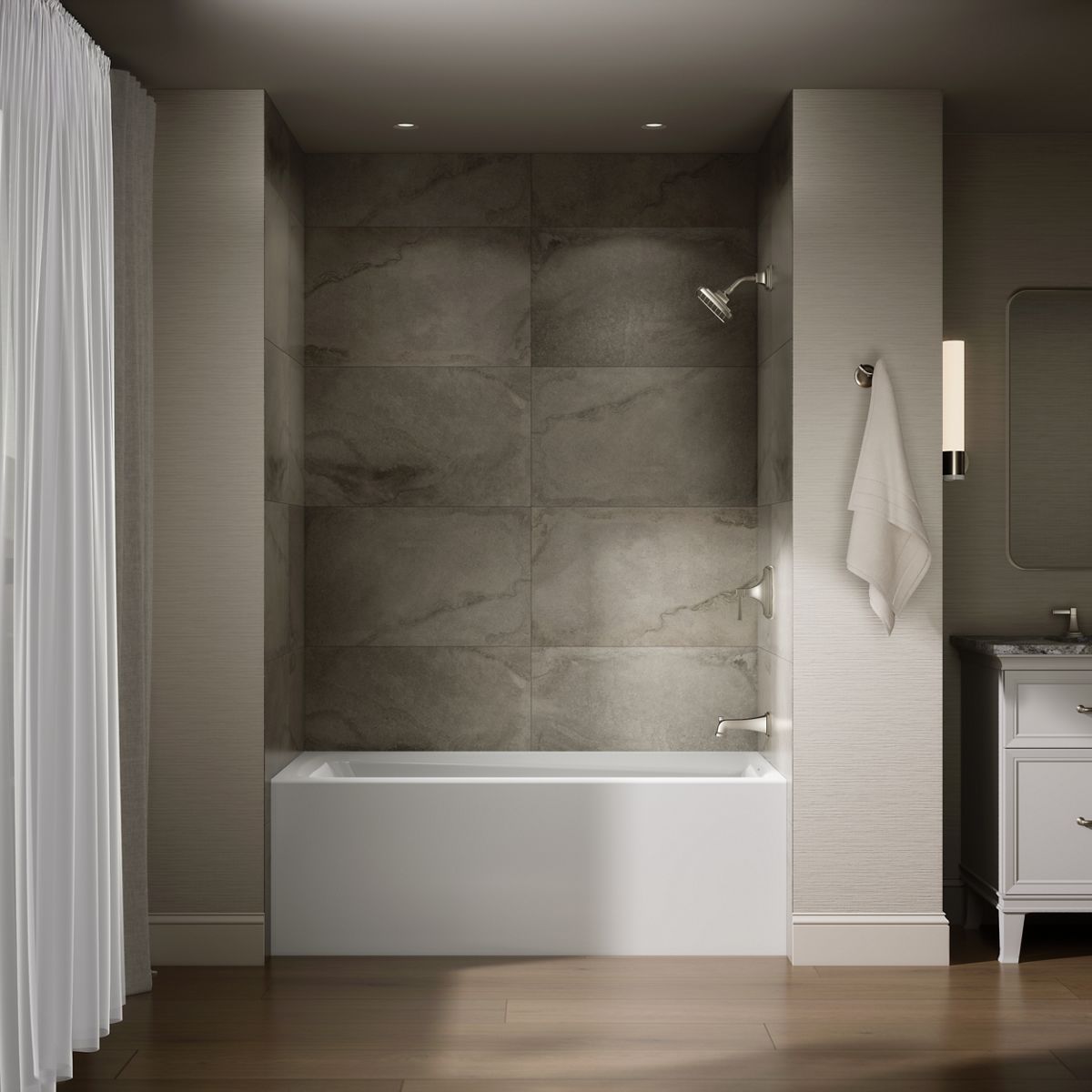 Up to 2 walls & multiple product categories visible, 1-point perspective