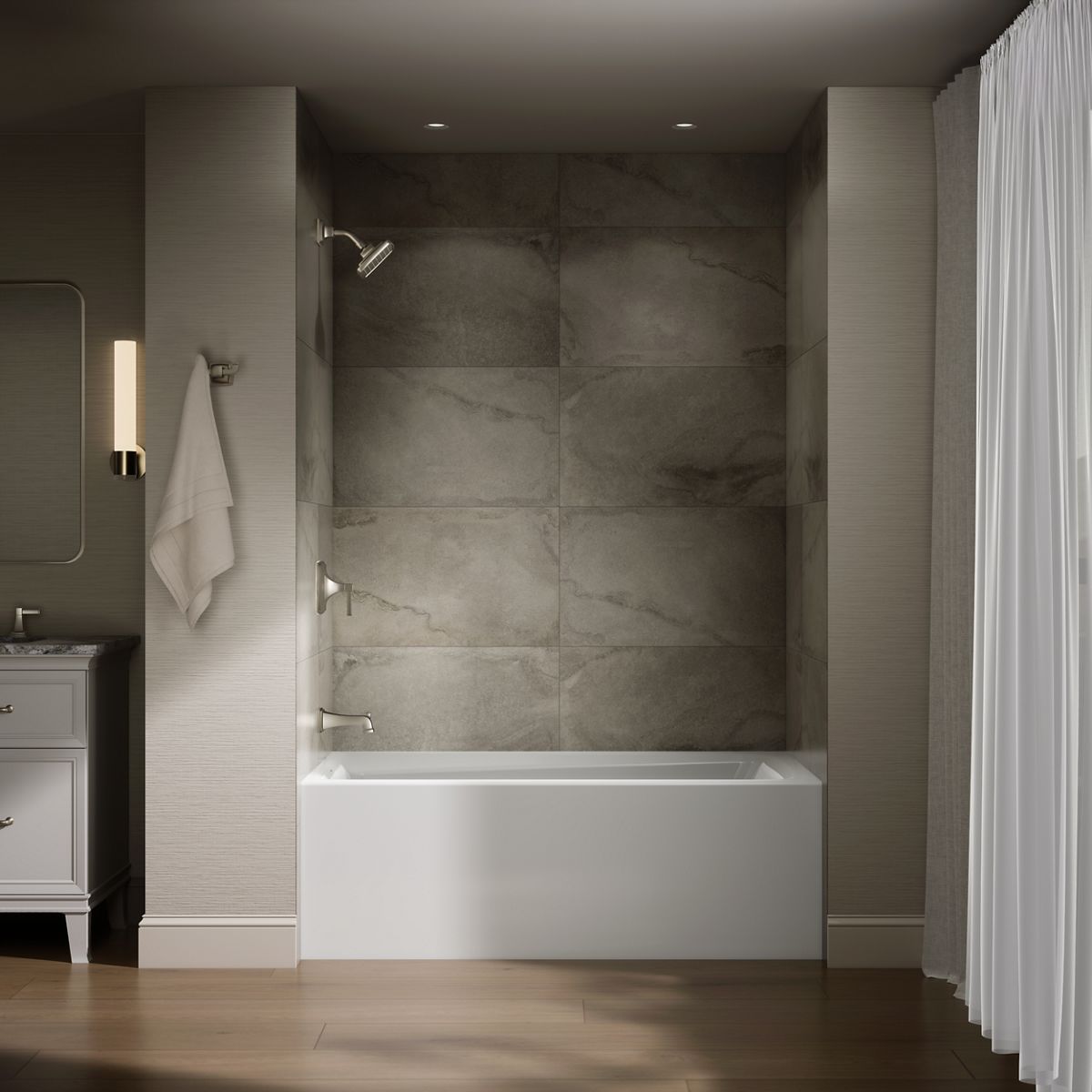 Up to 2 walls & multiple product categories visible, 1-point perspective
