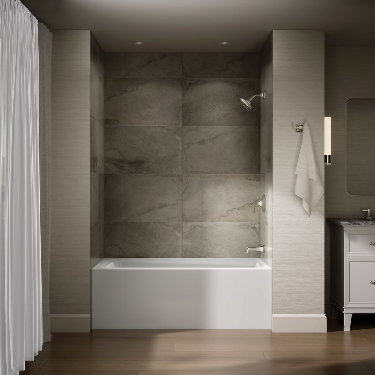 Up to 2 walls & multiple product categories visible, 1-point perspective