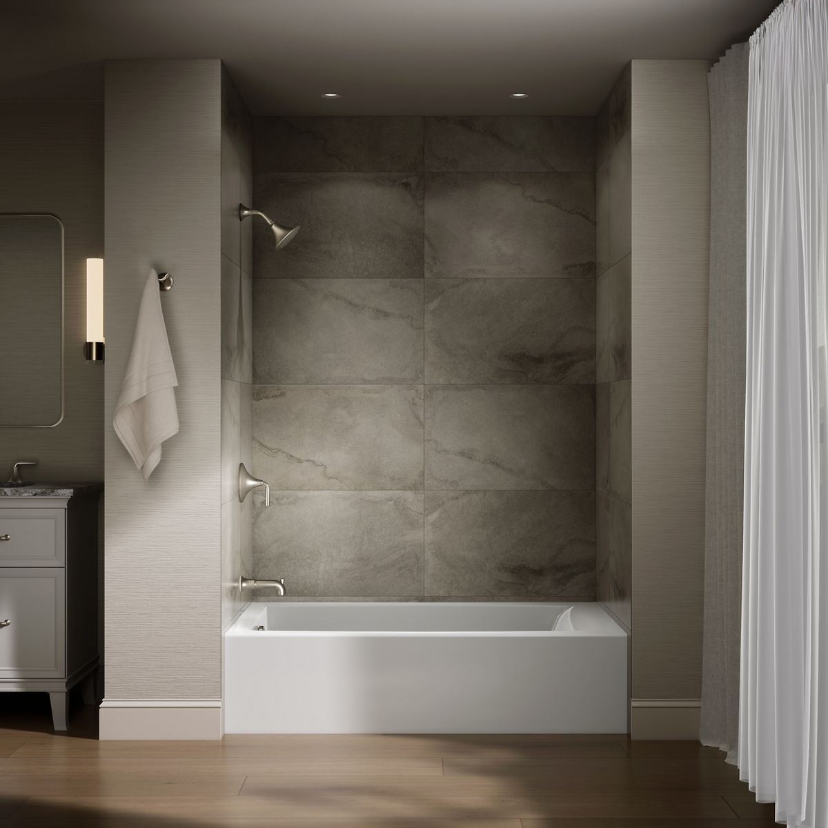 Up to 2 walls & multiple product categories visible, 1-point perspective