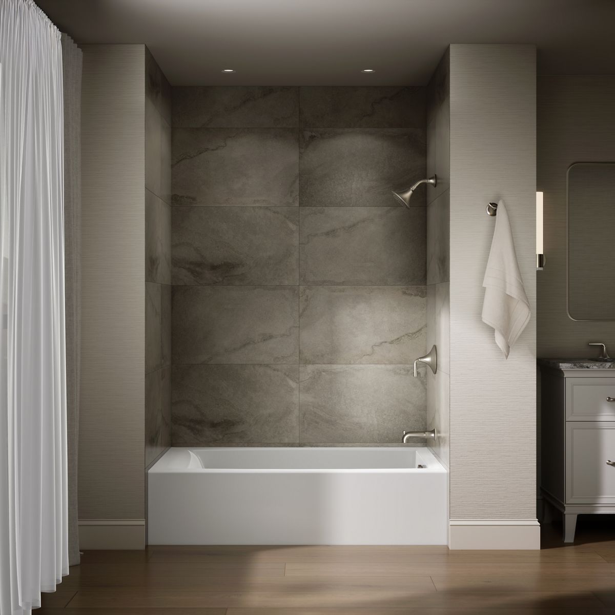 Up to 2 walls & multiple product categories visible, 1-point perspective