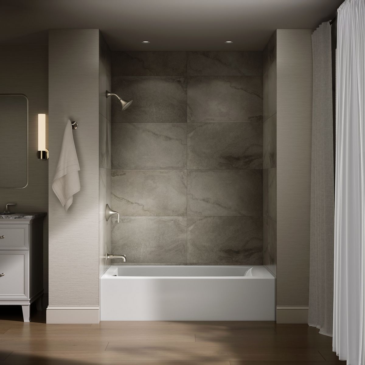 Up to 2 walls & multiple product categories visible, 1-point perspective