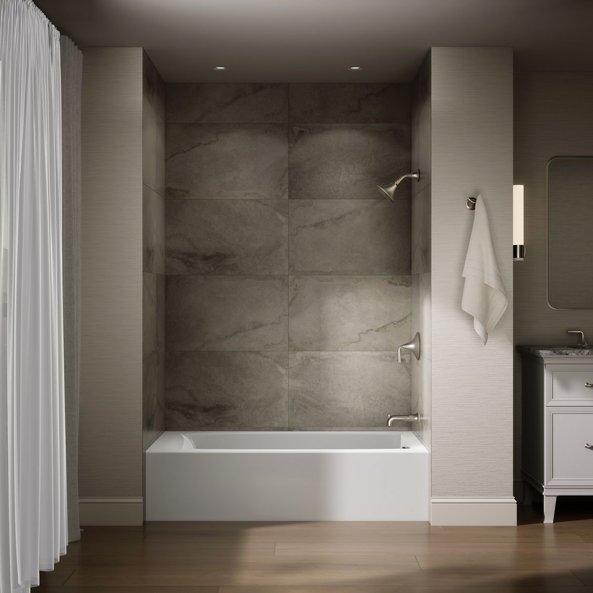 Up to 2 walls & multiple product categories visible, 1-point perspective