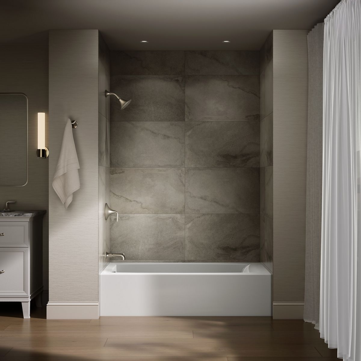 Up to 2 walls & multiple product categories visible, 1-point perspective