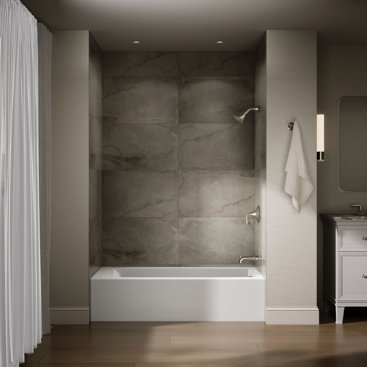 Up to 2 walls & multiple product categories visible, 1-point perspective