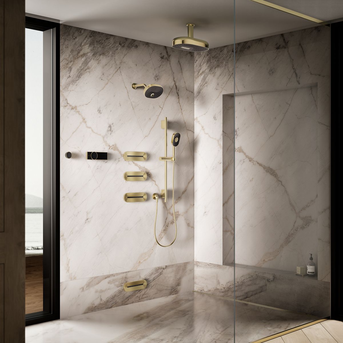 Up to 3 walls & multiple product categories visible, 2-point perspective
