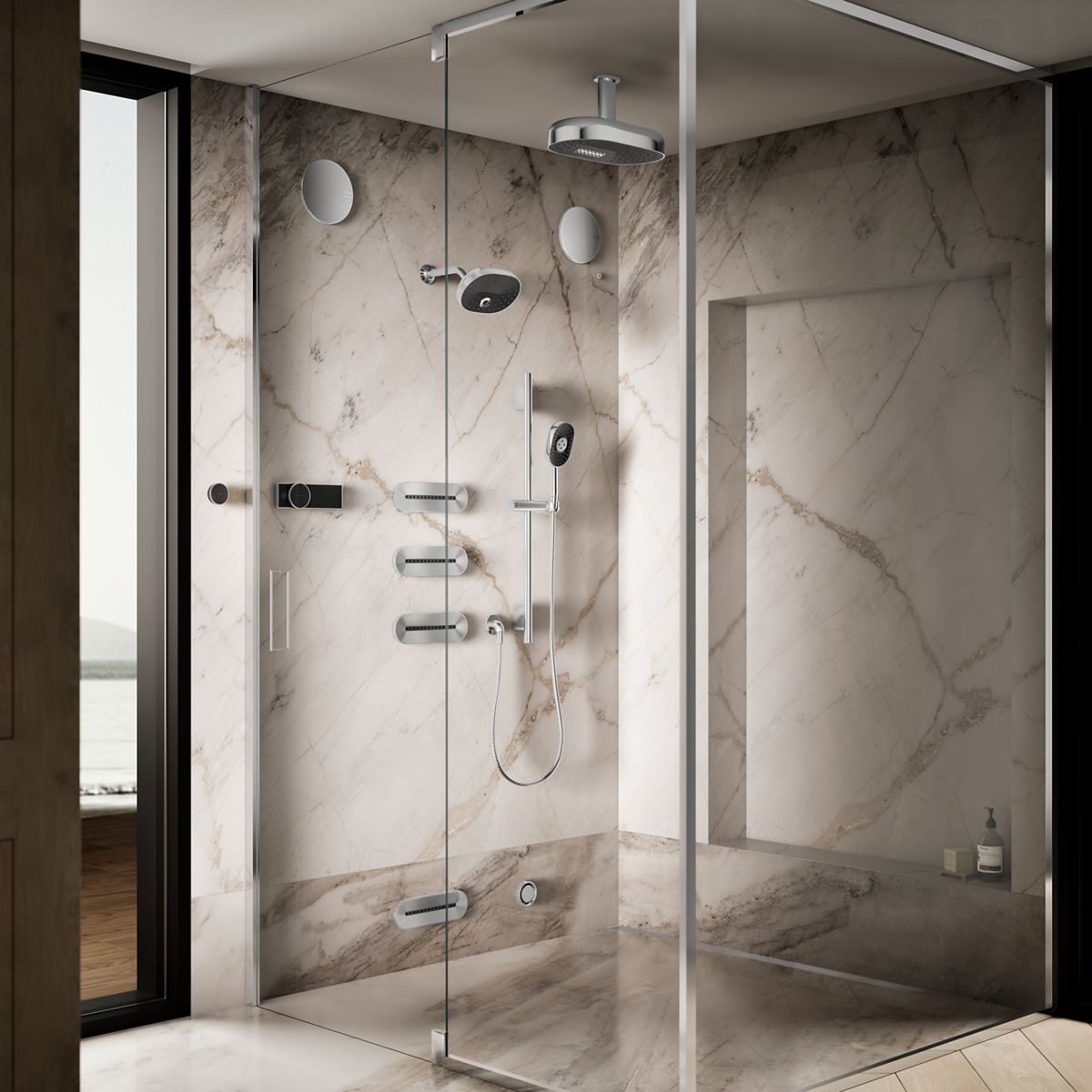 Up to 3 walls & multiple product categories visible, 2-point perspective