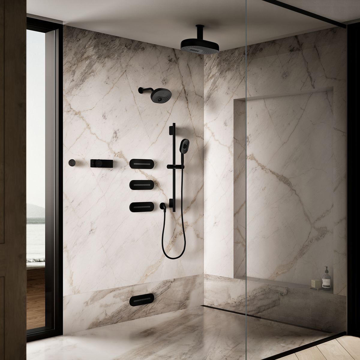 Up to 3 walls & multiple product categories visible, 2-point perspective