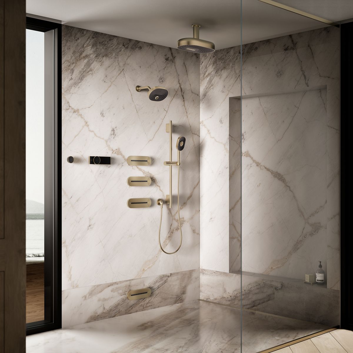 Up to 3 walls & multiple product categories visible, 2-point perspective