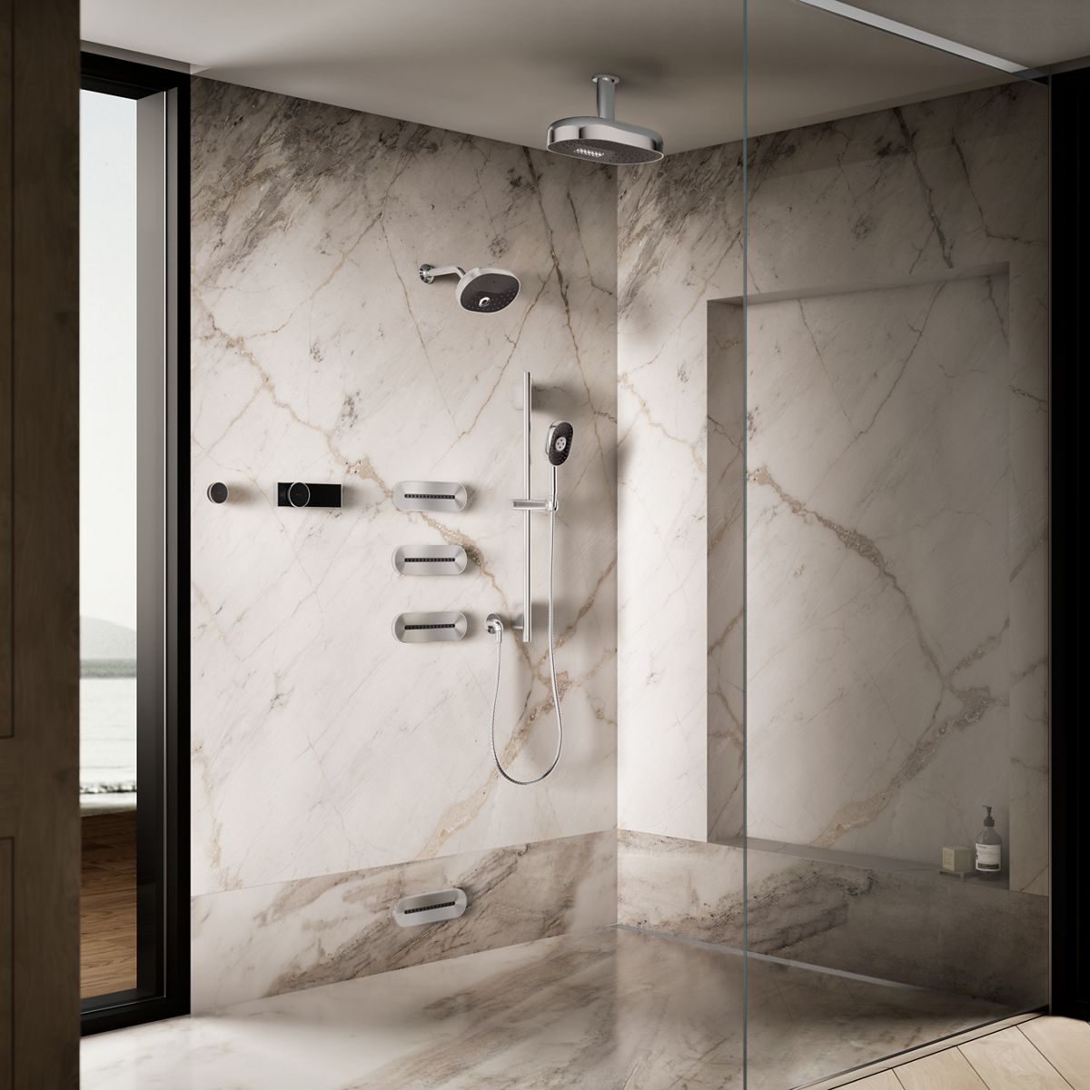 Up to 3 walls & multiple product categories visible, 2-point perspective
