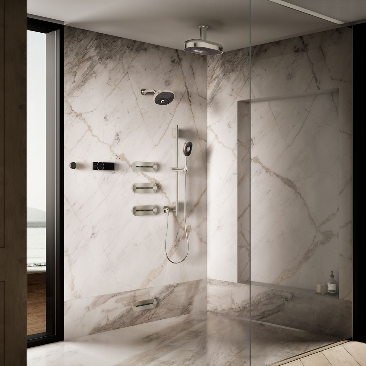 Up to 3 walls & multiple product categories visible, 2-point perspective