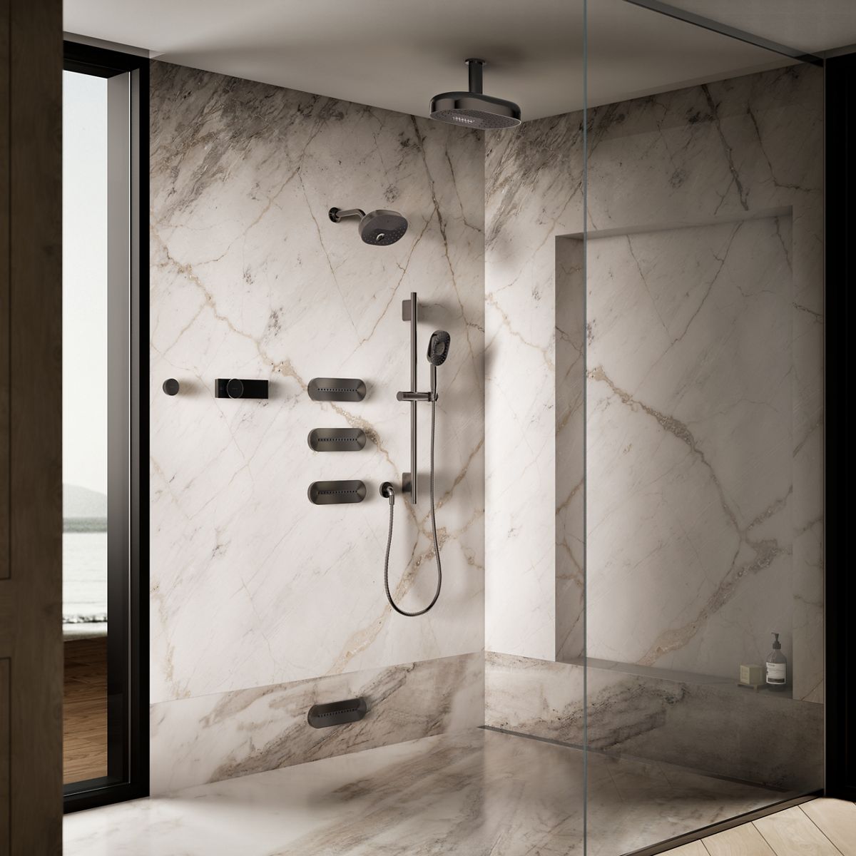 Up to 3 walls & multiple product categories visible, 2-point perspective