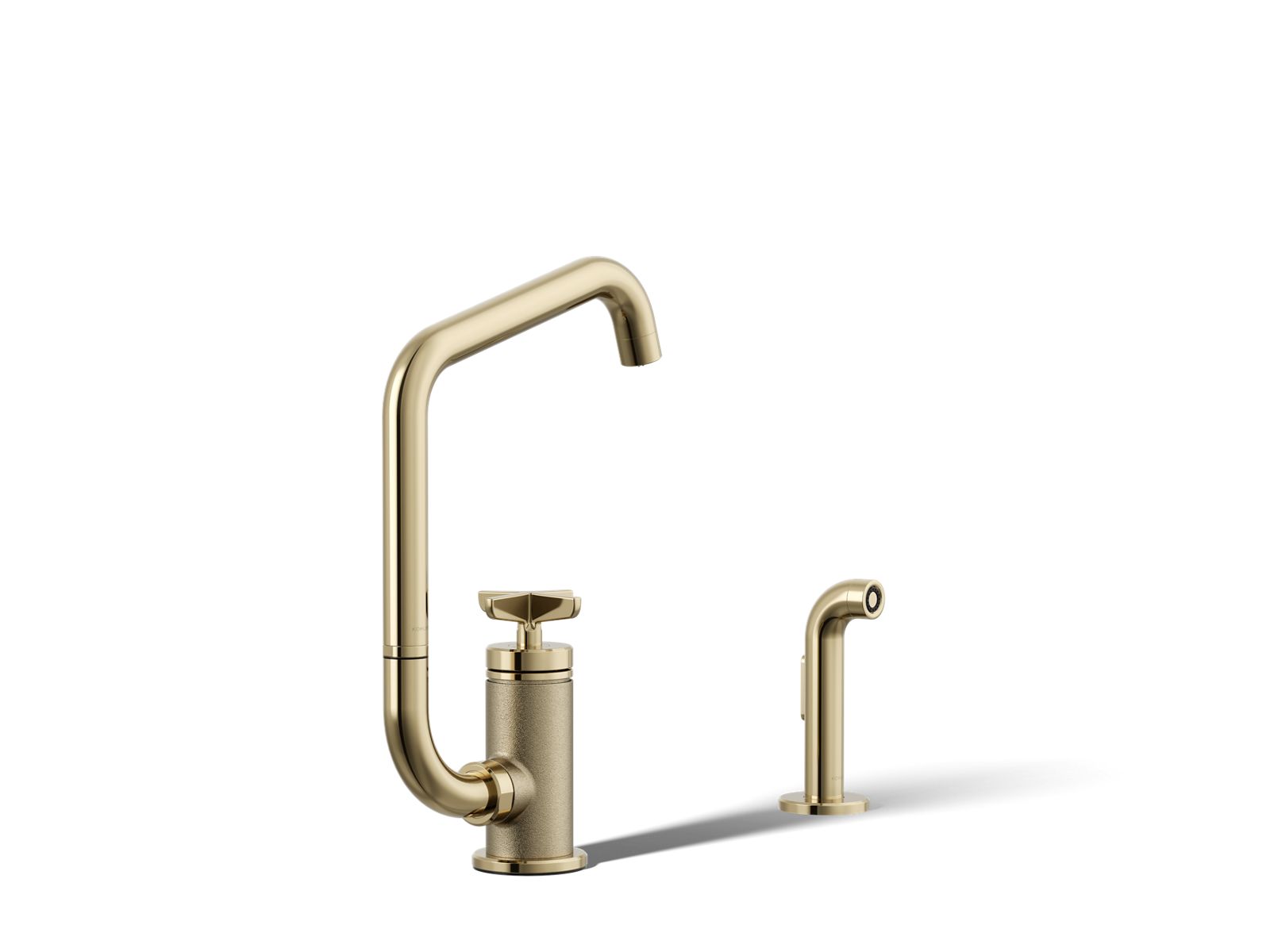 Billet Single-handle bar sink faucet with two-function extended-reach spout and side sprayer