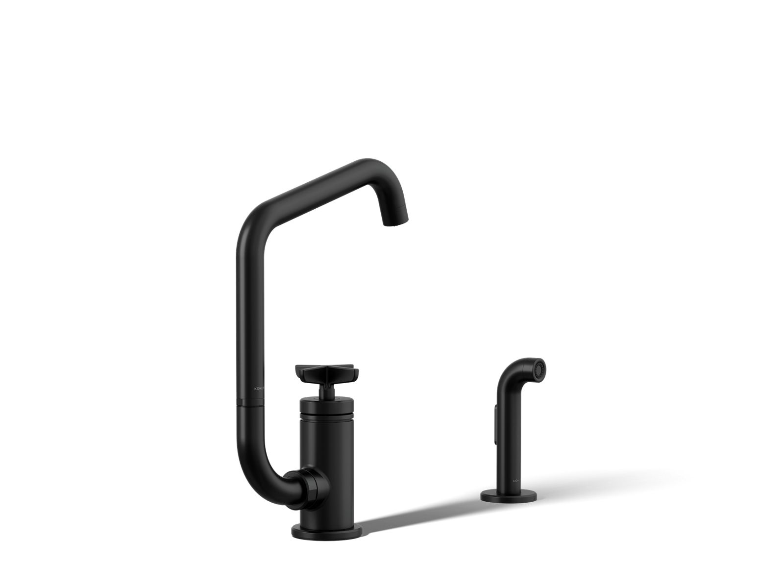 Billet Single-handle bar sink faucet with two-function extended-reach spout and side sprayer