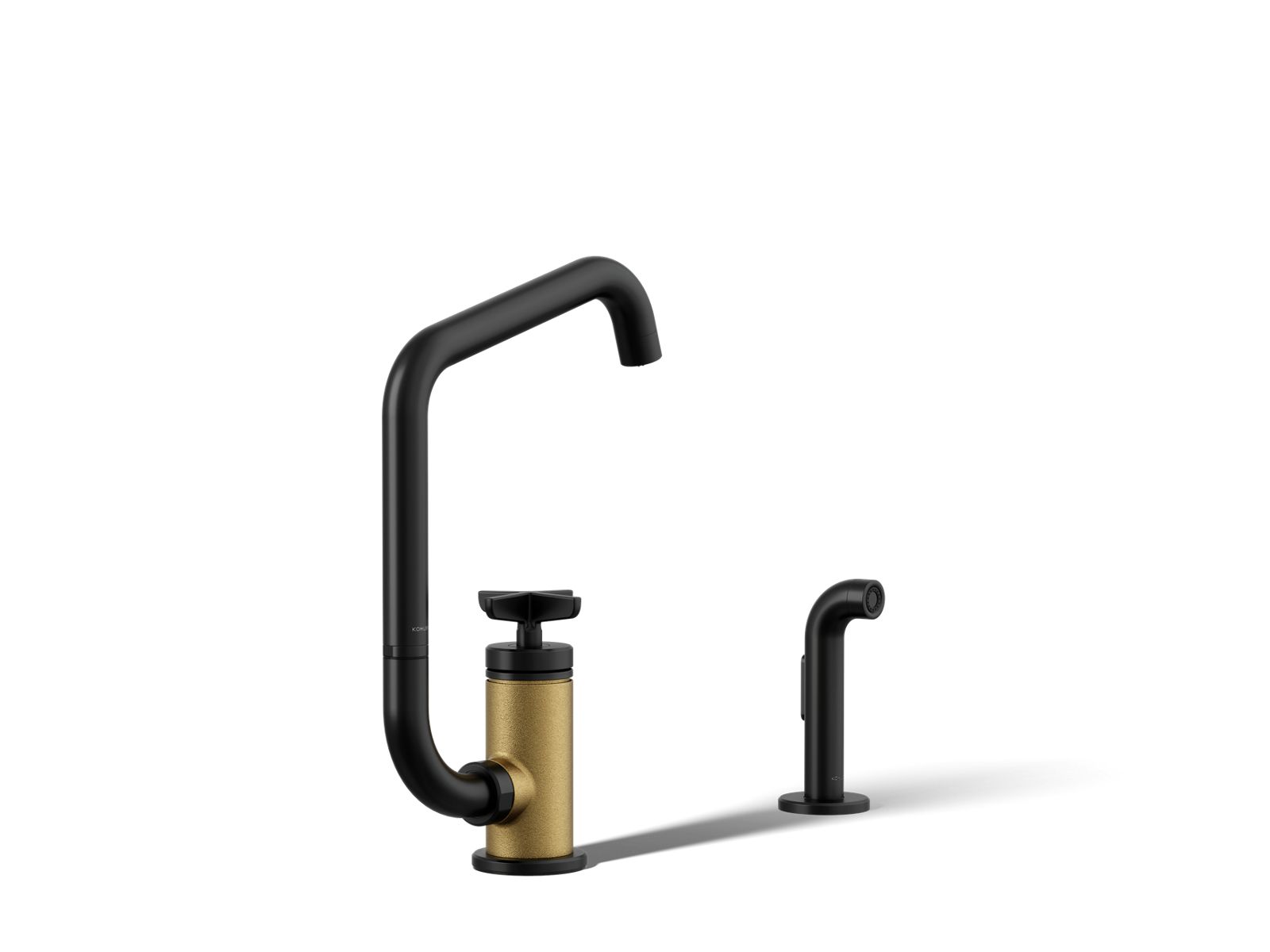 Billet Single-handle bar sink faucet with two-function extended-reach spout and side sprayer