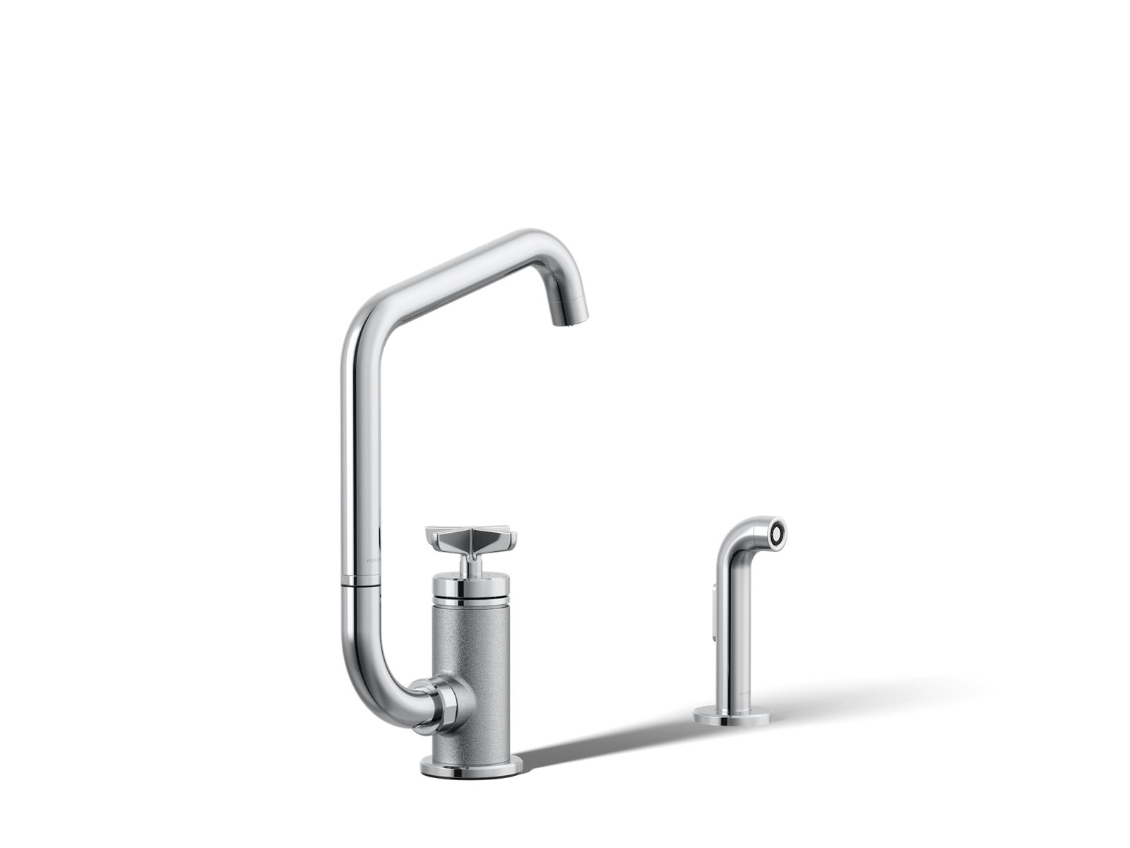Billet Single-handle bar sink faucet with two-function extended-reach spout and side sprayer