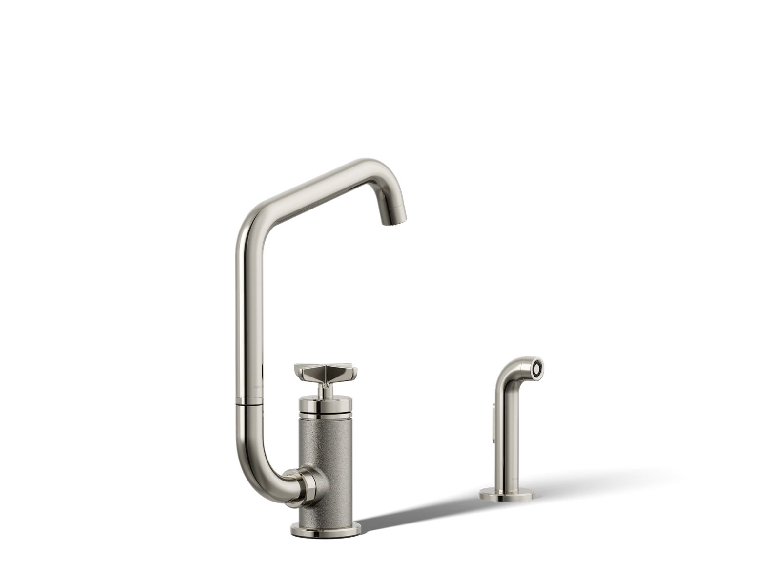 Billet Single-handle bar sink faucet with two-function extended-reach spout and side sprayer