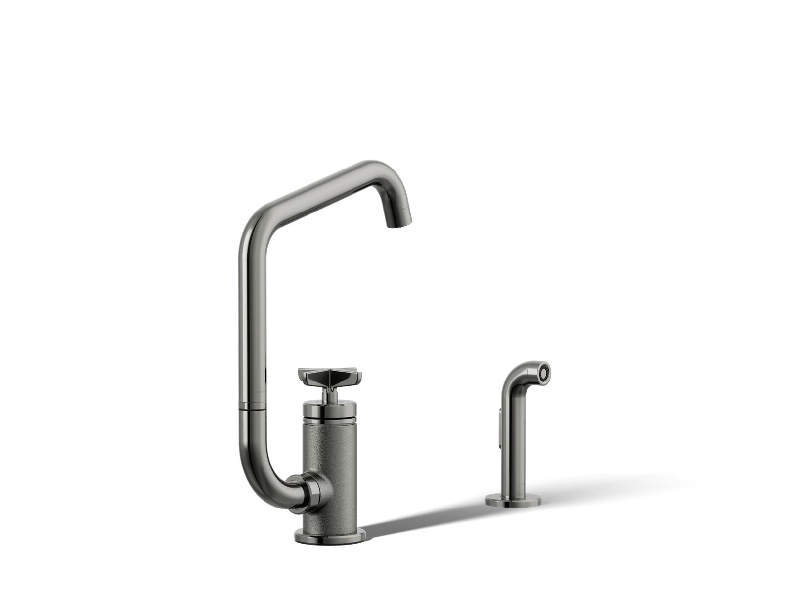 Billet Single-handle bar sink faucet with two-function extended-reach spout and side sprayer