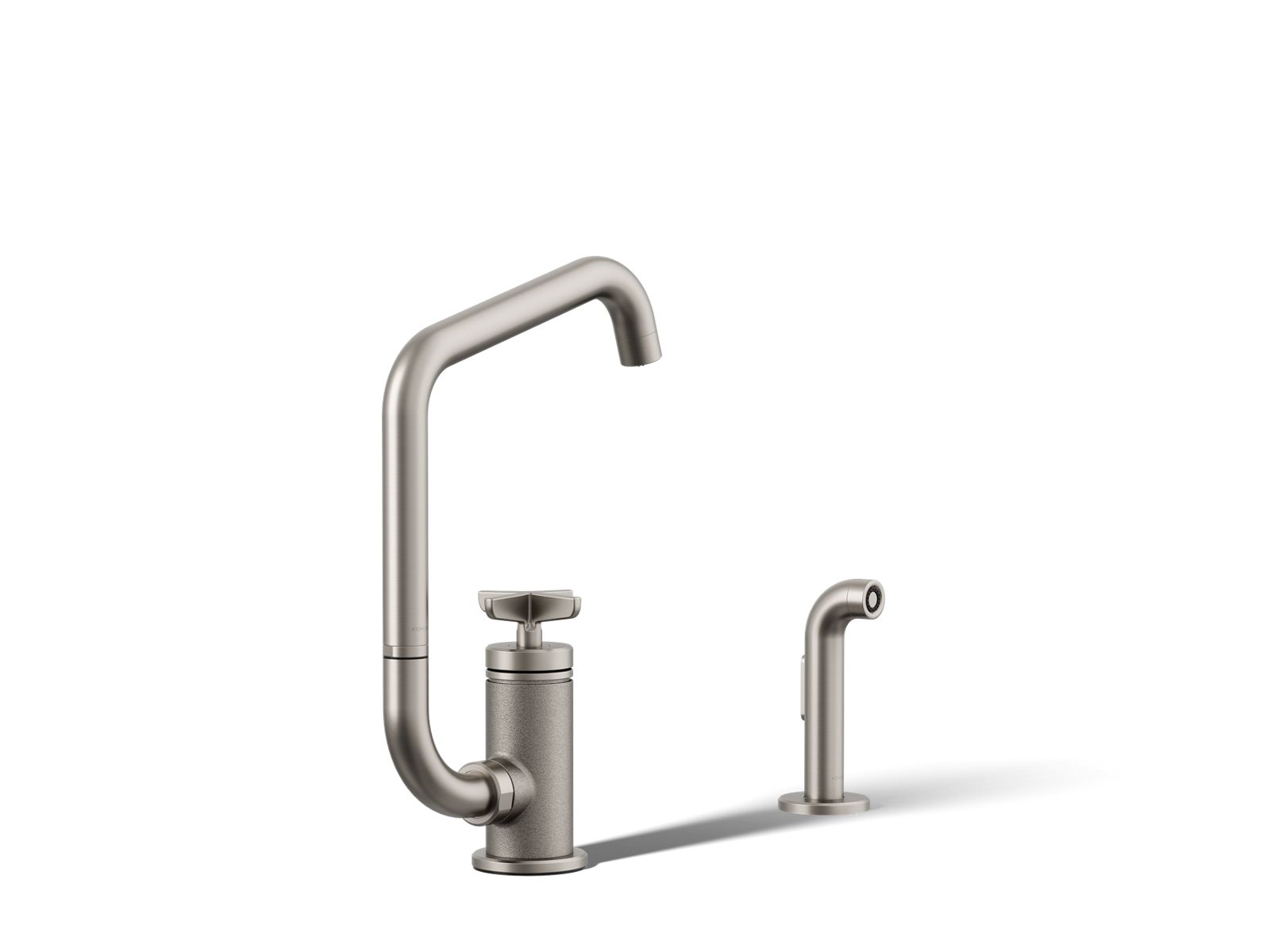 Billet Single-handle bar sink faucet with two-function extended-reach spout and side sprayer