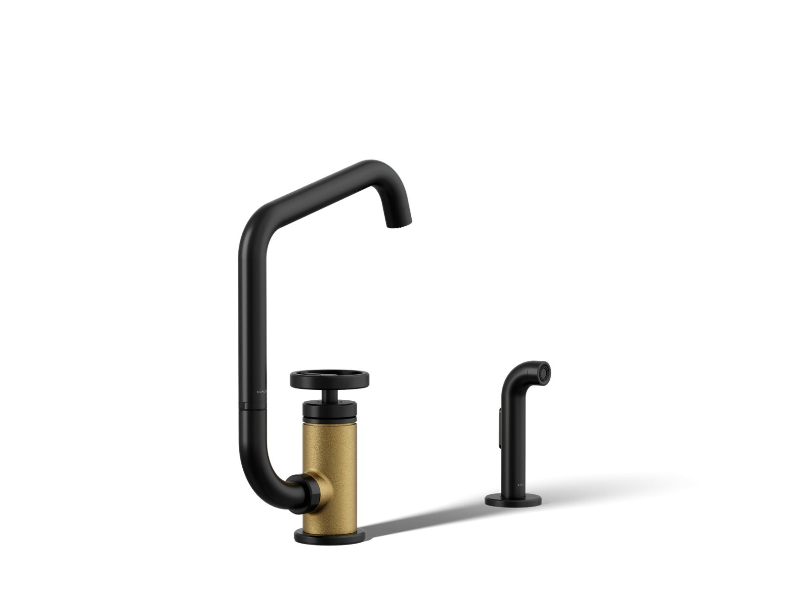 Billet Single-handle bar sink faucet with two-function extended-reach spout and side sprayer