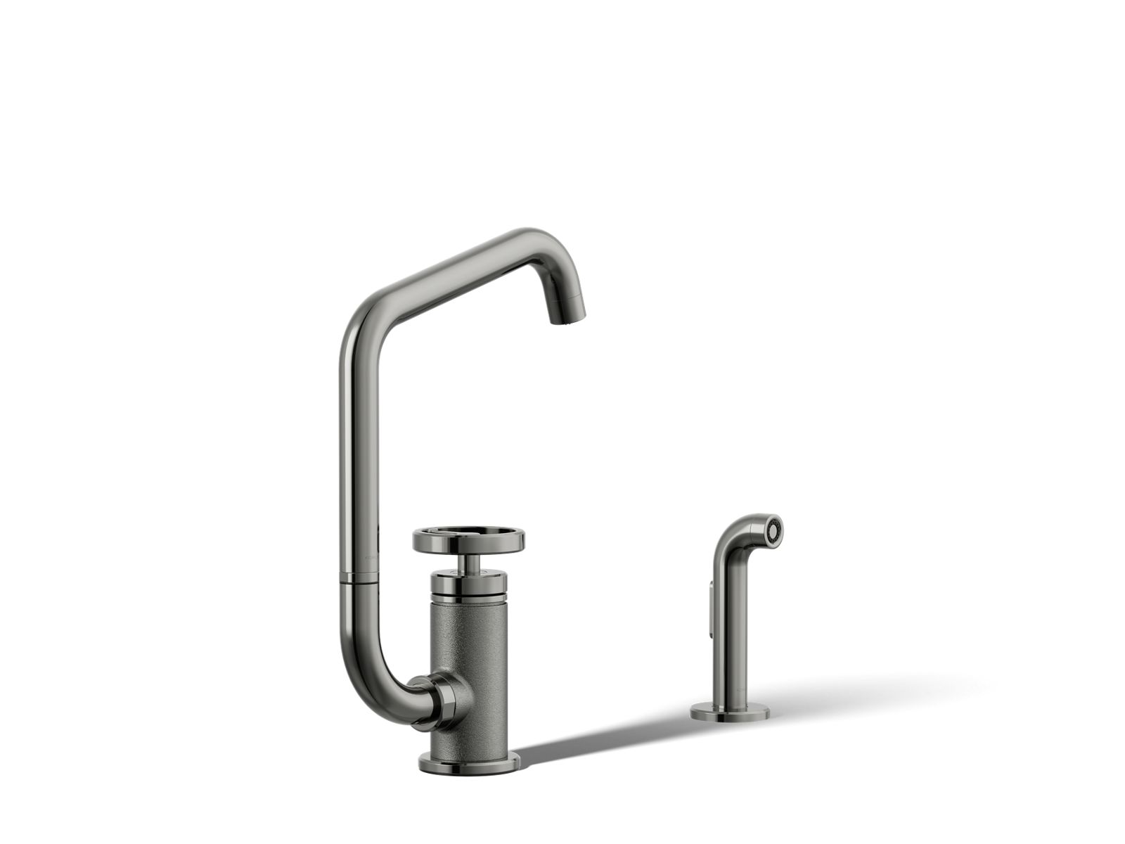 Billet Single-handle bar sink faucet with two-function extended-reach spout and side sprayer
