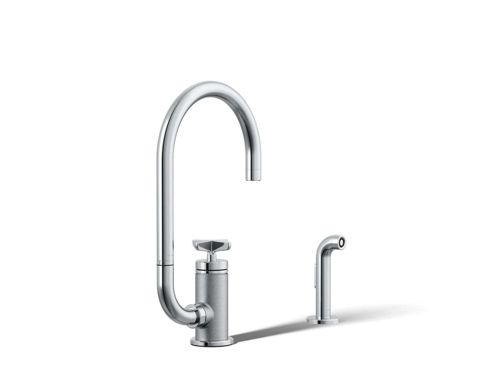 Billet Single-handle bar sink faucet with two-function extended-reach spout and side sprayer