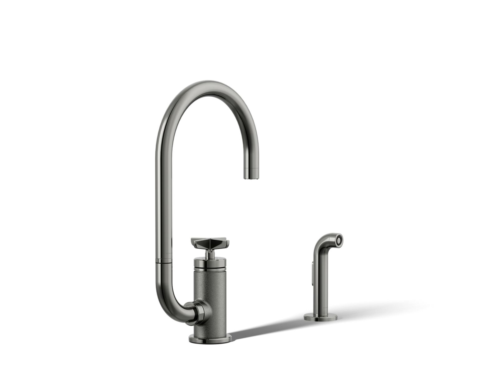 Billet Single-handle bar sink faucet with two-function extended-reach spout and side sprayer