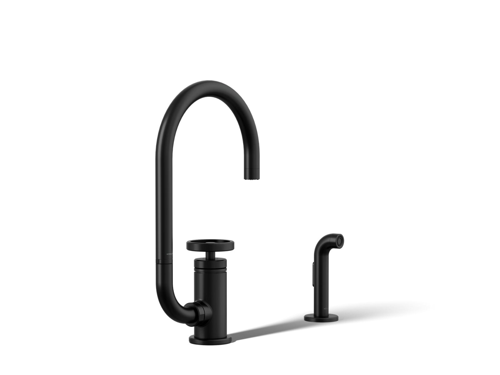 Billet Single-handle bar sink faucet with two-function extended-reach spout and side sprayer