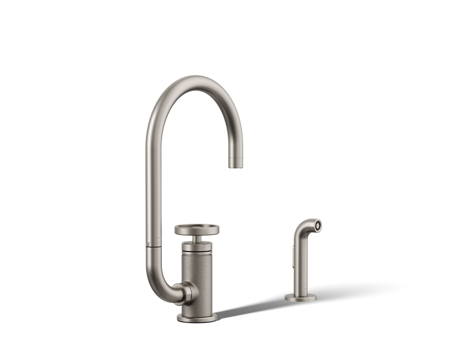 Billet Single-handle bar sink faucet with two-function extended-reach spout and side sprayer