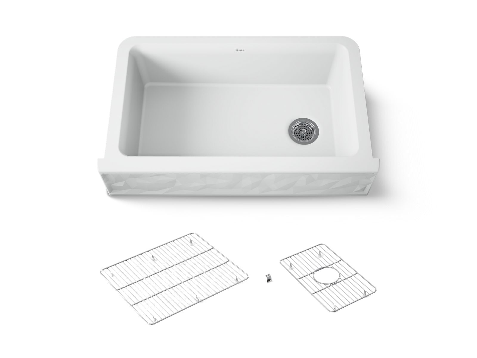 Cairn 34" undermount single-bowl farmhouse kitchen sink with faceted design