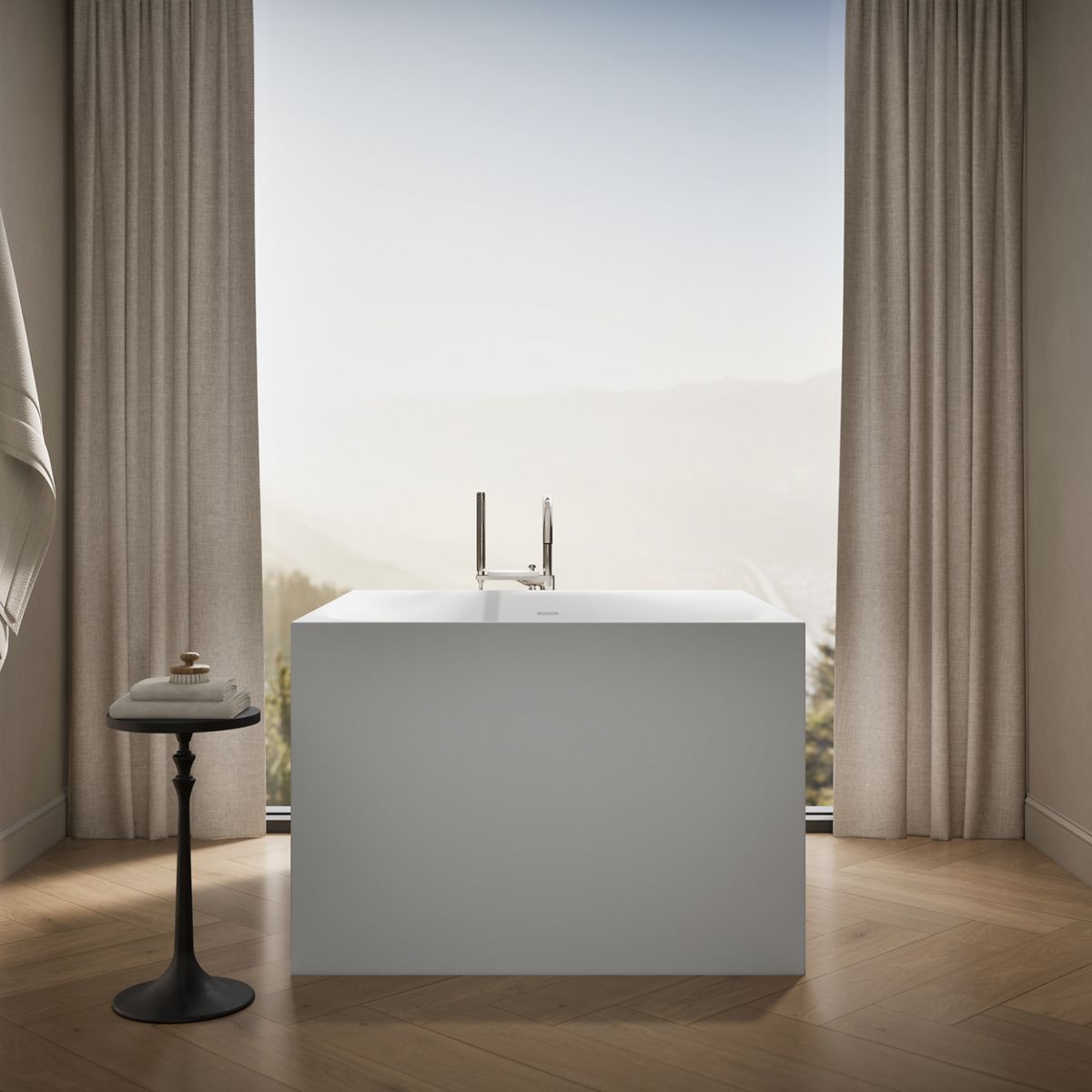 Up to 2 walls & multiple product categories visible, 1-point perspective