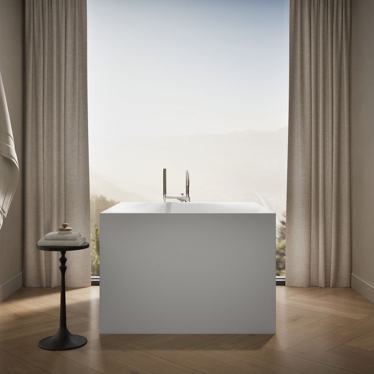 Up to 2 walls & multiple product categories visible, 1-point perspective