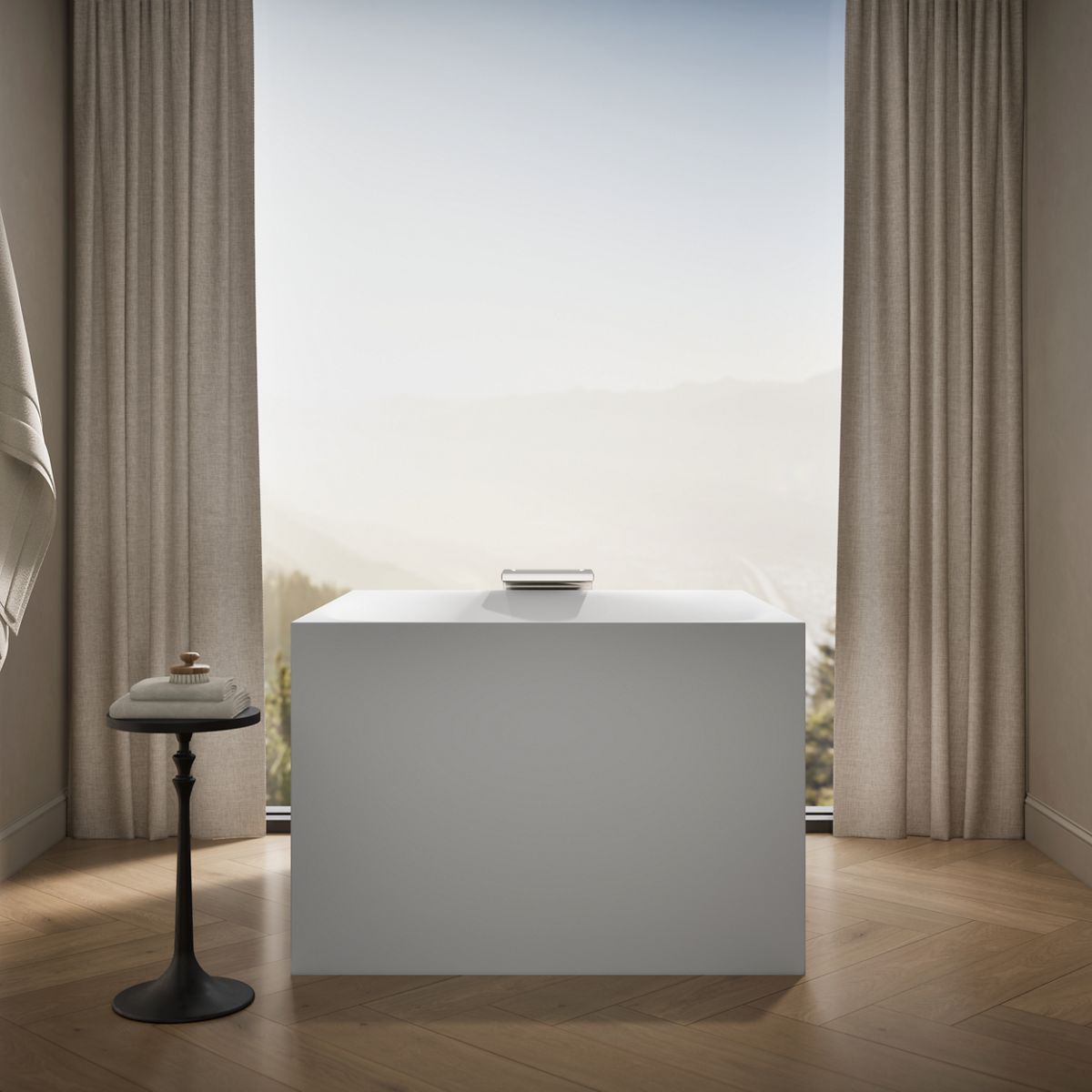 Up to 2 walls & multiple product categories visible, 1-point perspective