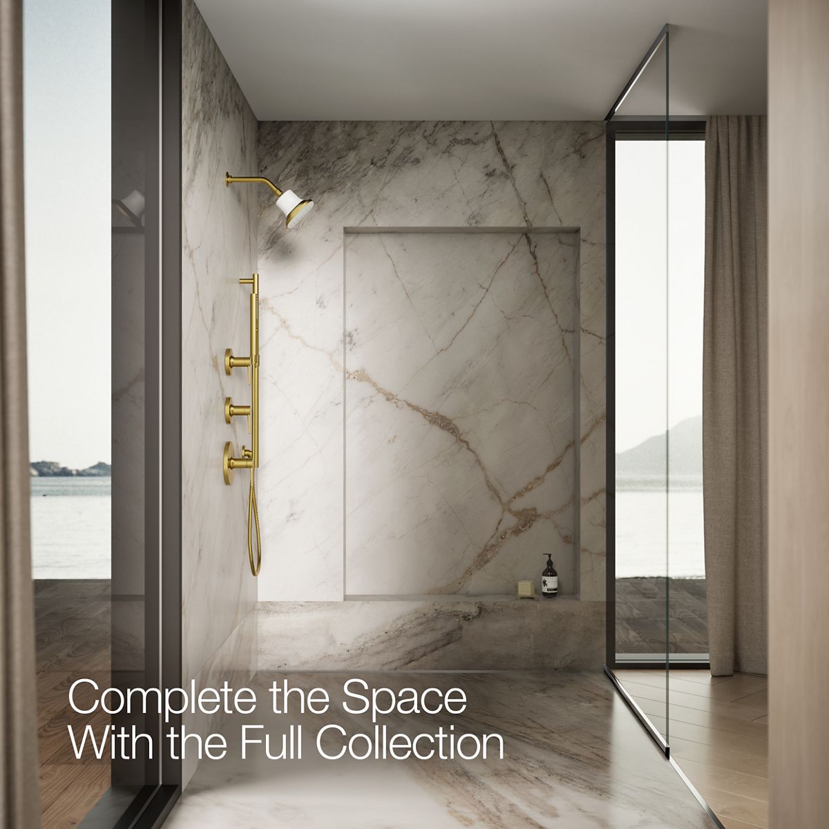 Up to 3 walls & multiple product categories visible, 1-point perspective