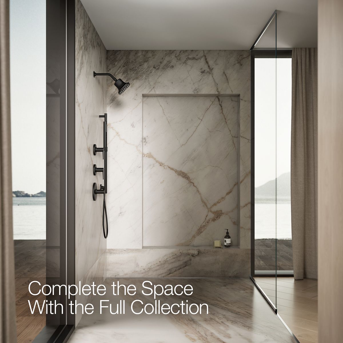 Up to 3 walls & multiple product categories visible, 1-point perspective