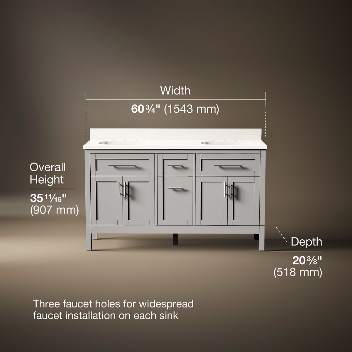 3/4 view of product with dimensions