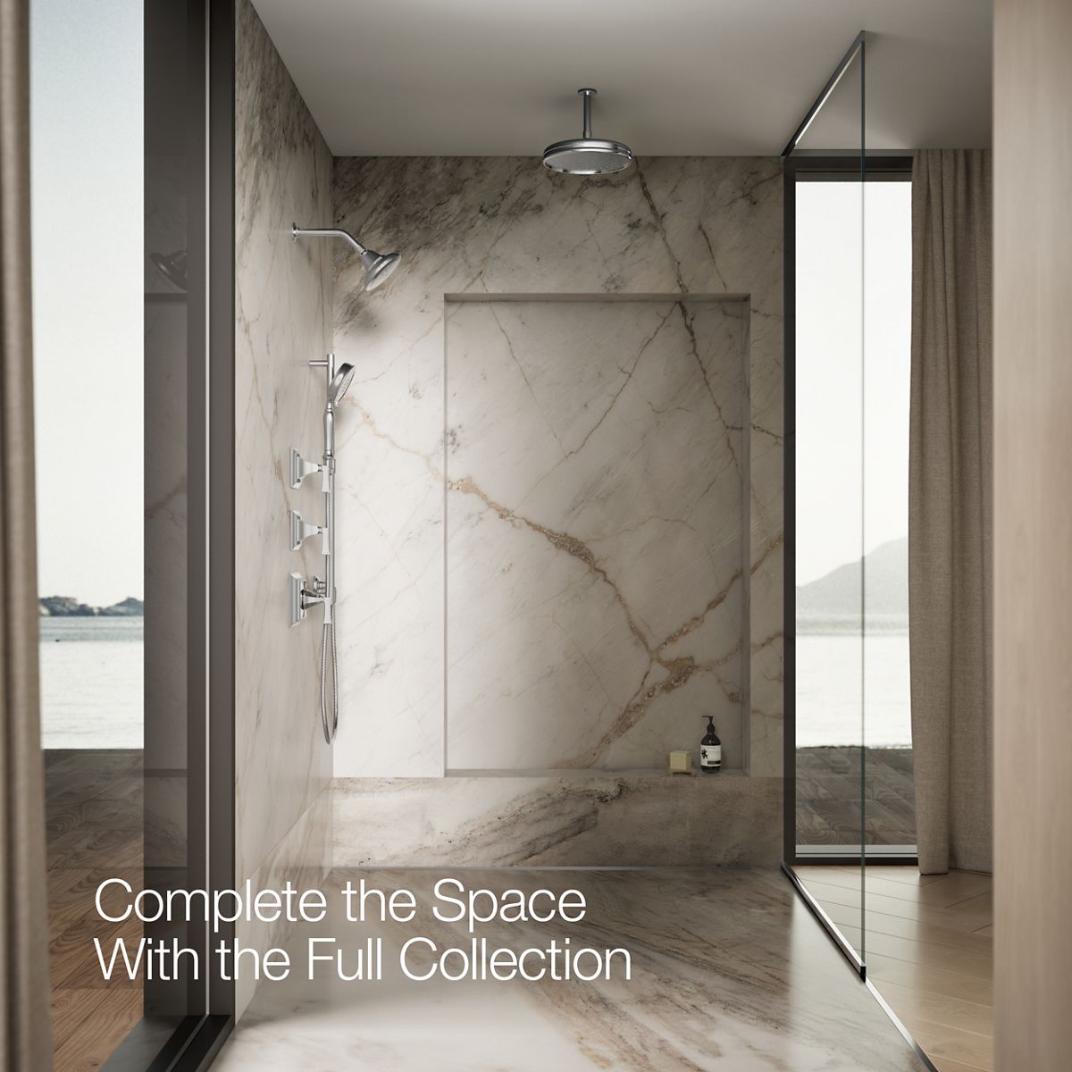 Up to 3 walls & multiple product categories visible, 1-point perspective