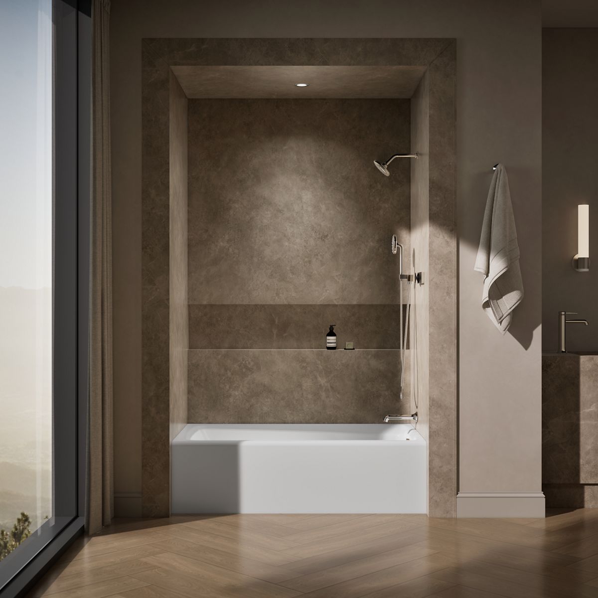 Up to 2 walls & multiple product categories visible, 1-point perspective
