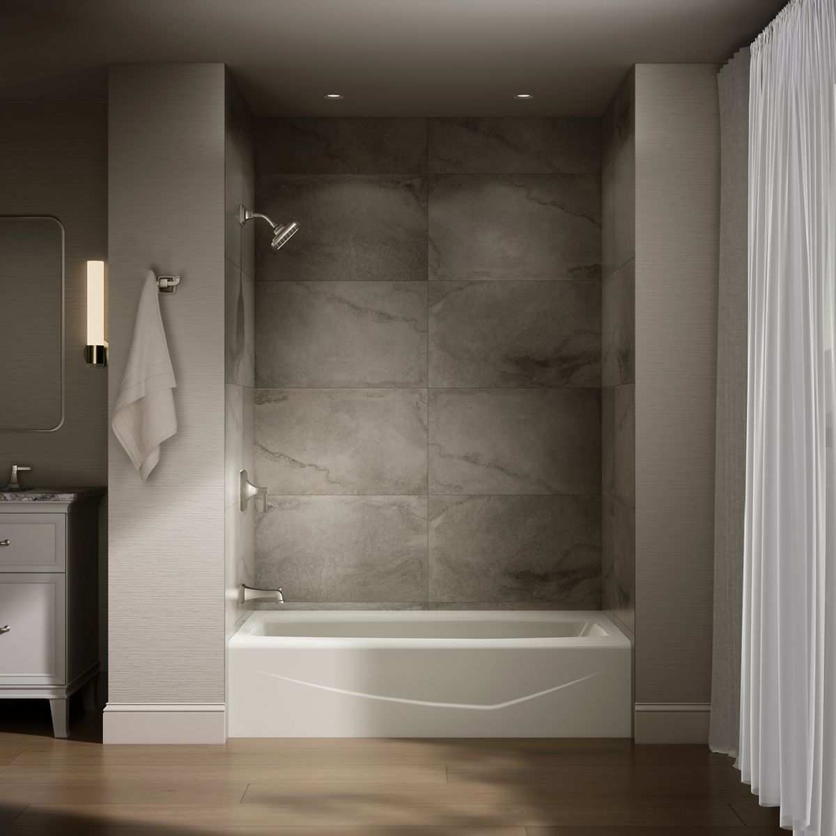 Up to 2 walls & multiple product categories visible, 1-point perspective
