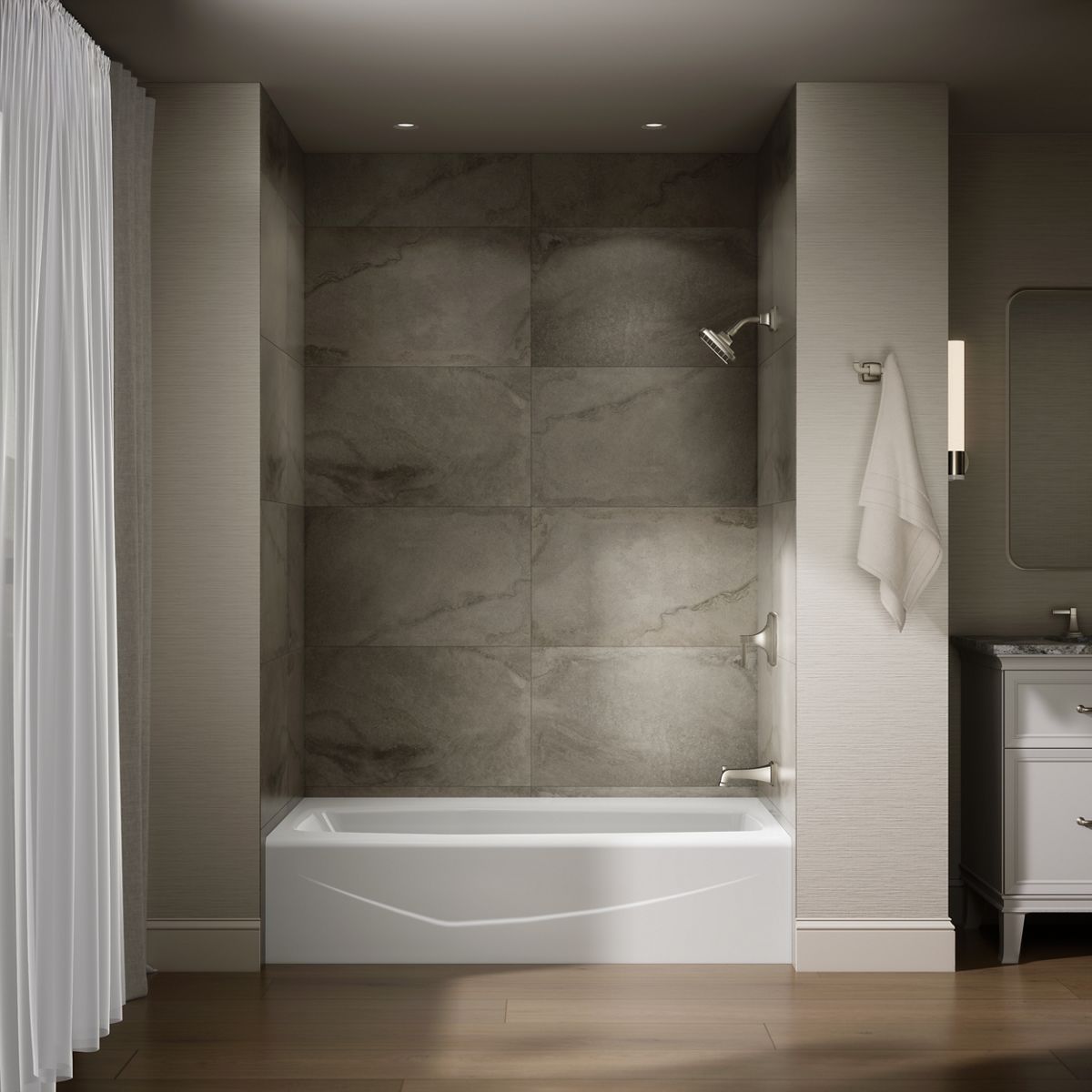 Up to 2 walls & multiple product categories visible, 1-point perspective