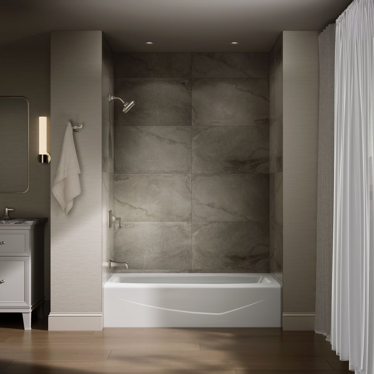 Up to 2 walls & multiple product categories visible, 1-point perspective