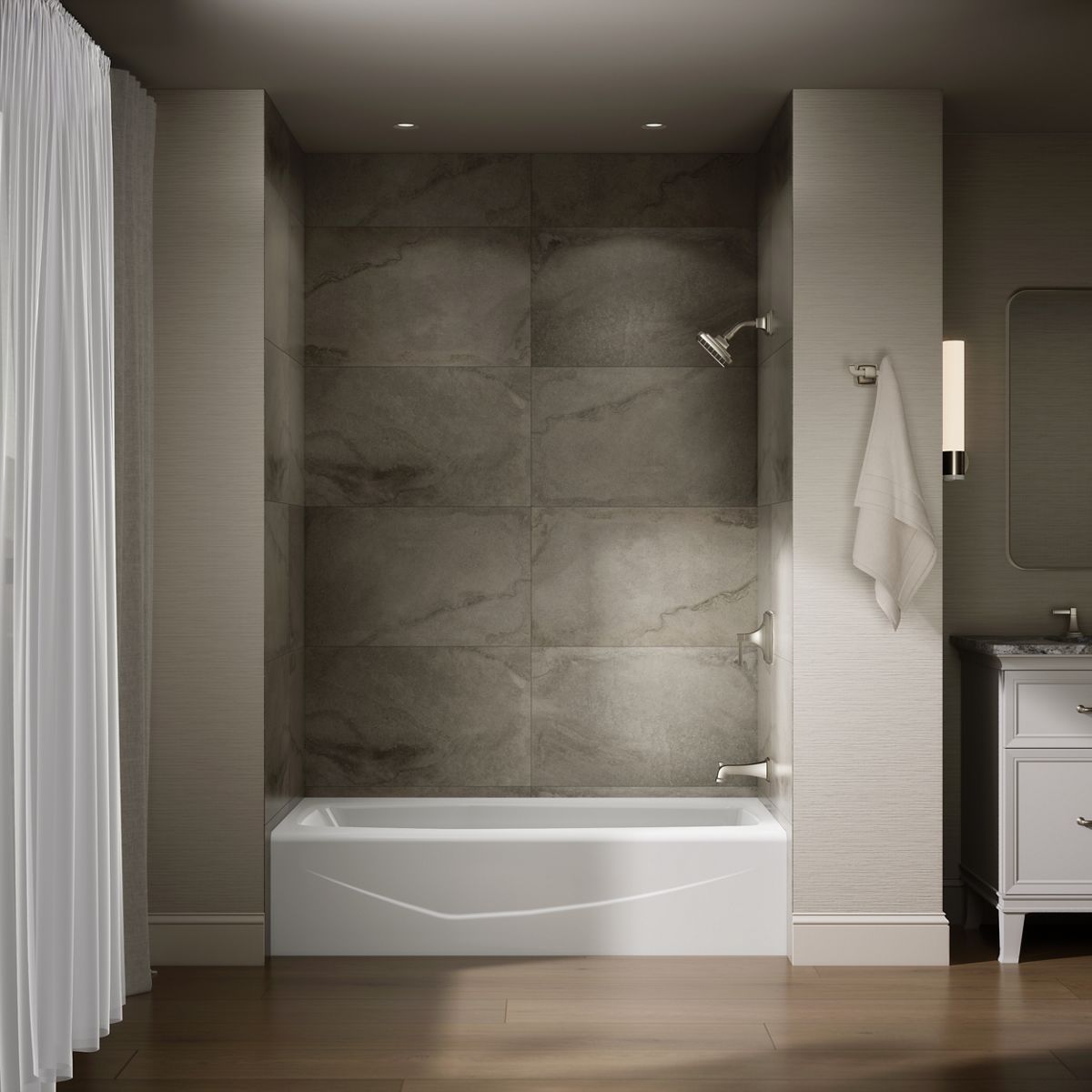 Up to 2 walls & multiple product categories visible, 1-point perspective