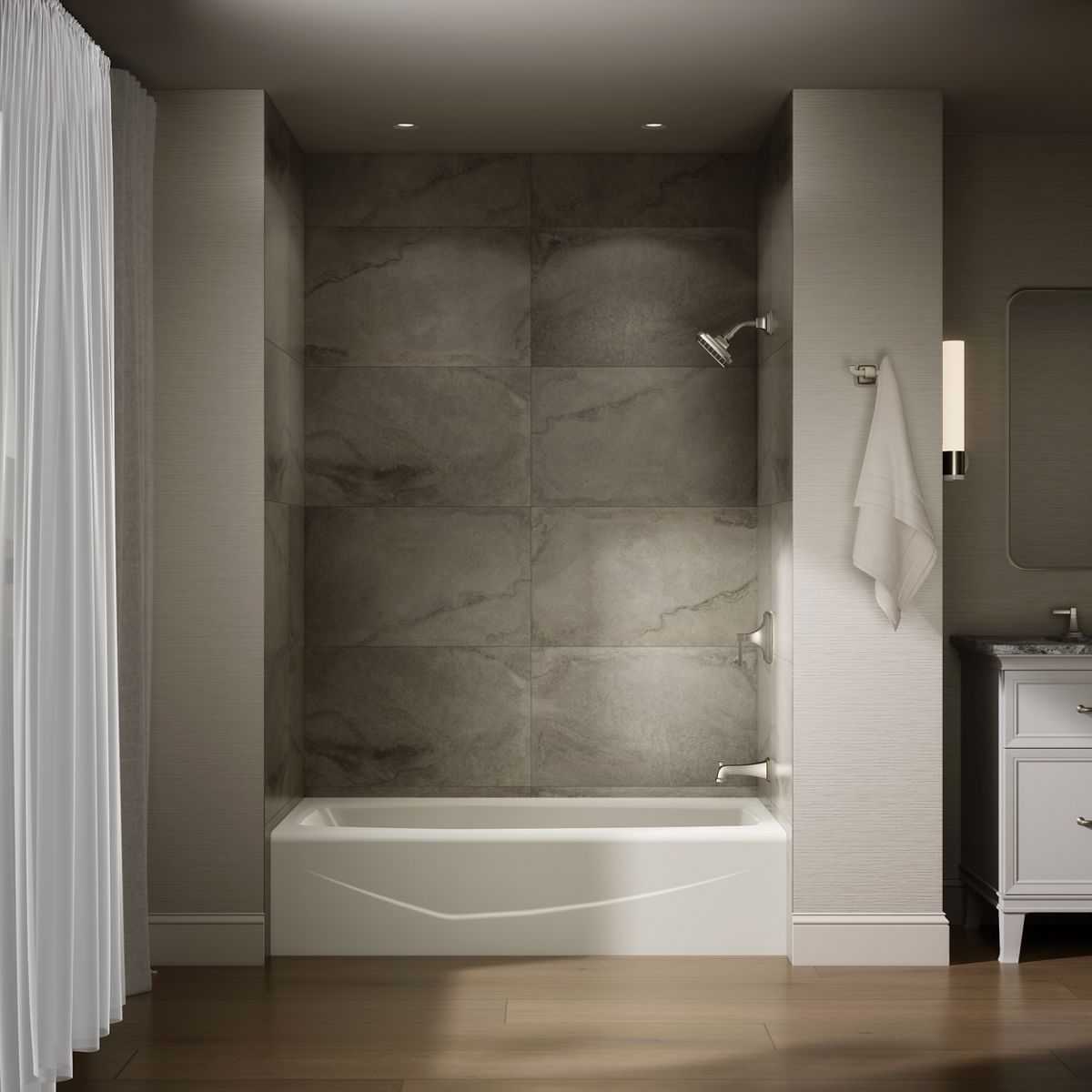 Up to 2 walls & multiple product categories visible, 1-point perspective