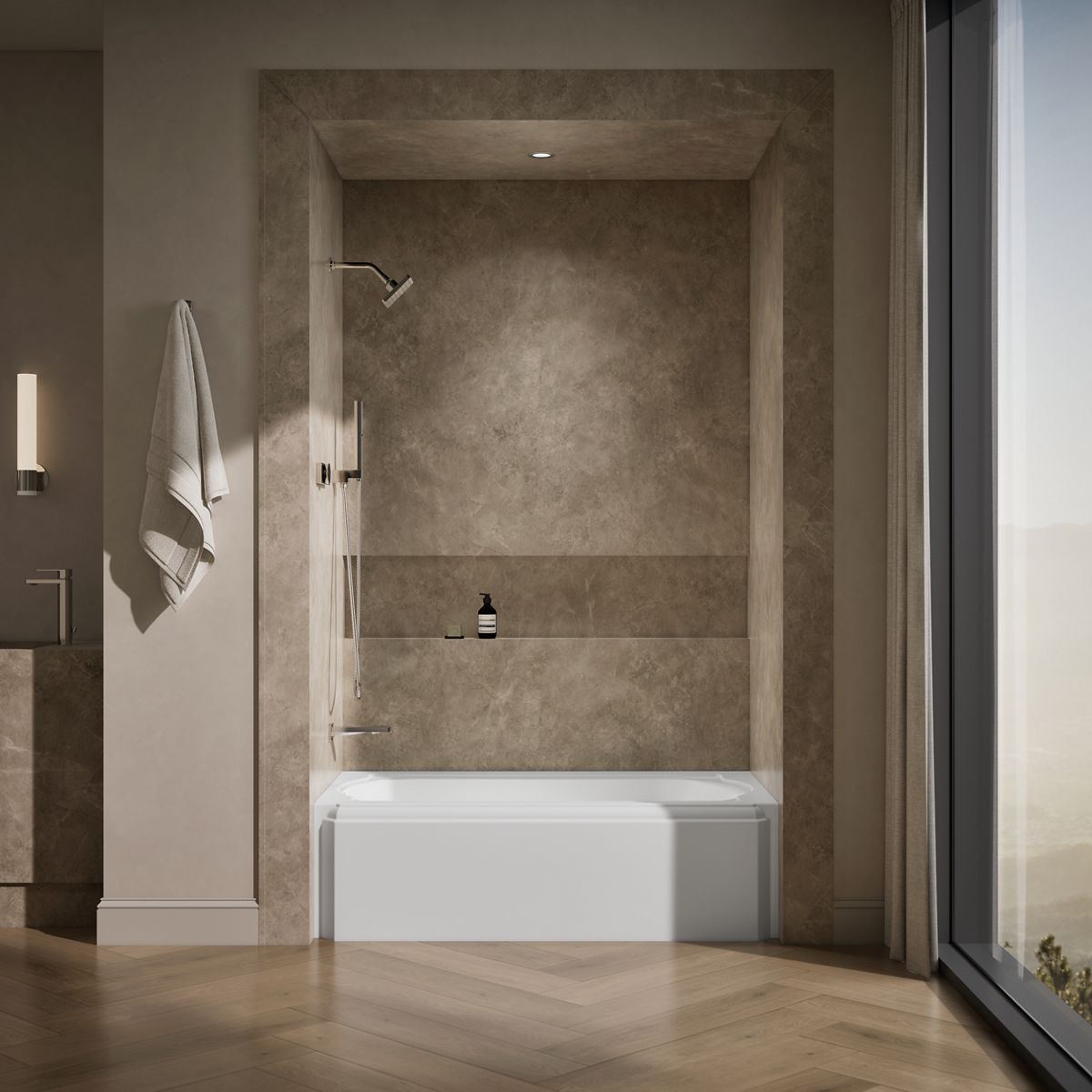 Up to 2 walls & multiple product categories visible, 1-point perspective