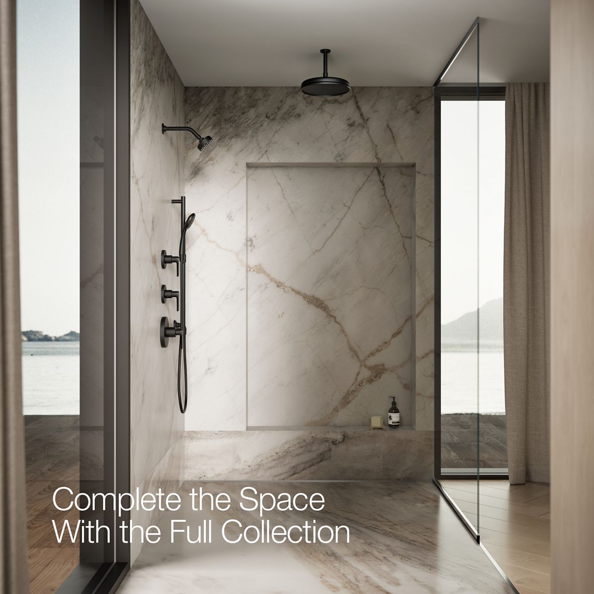 Up to 3 walls & multiple product categories visible, 1-point perspective