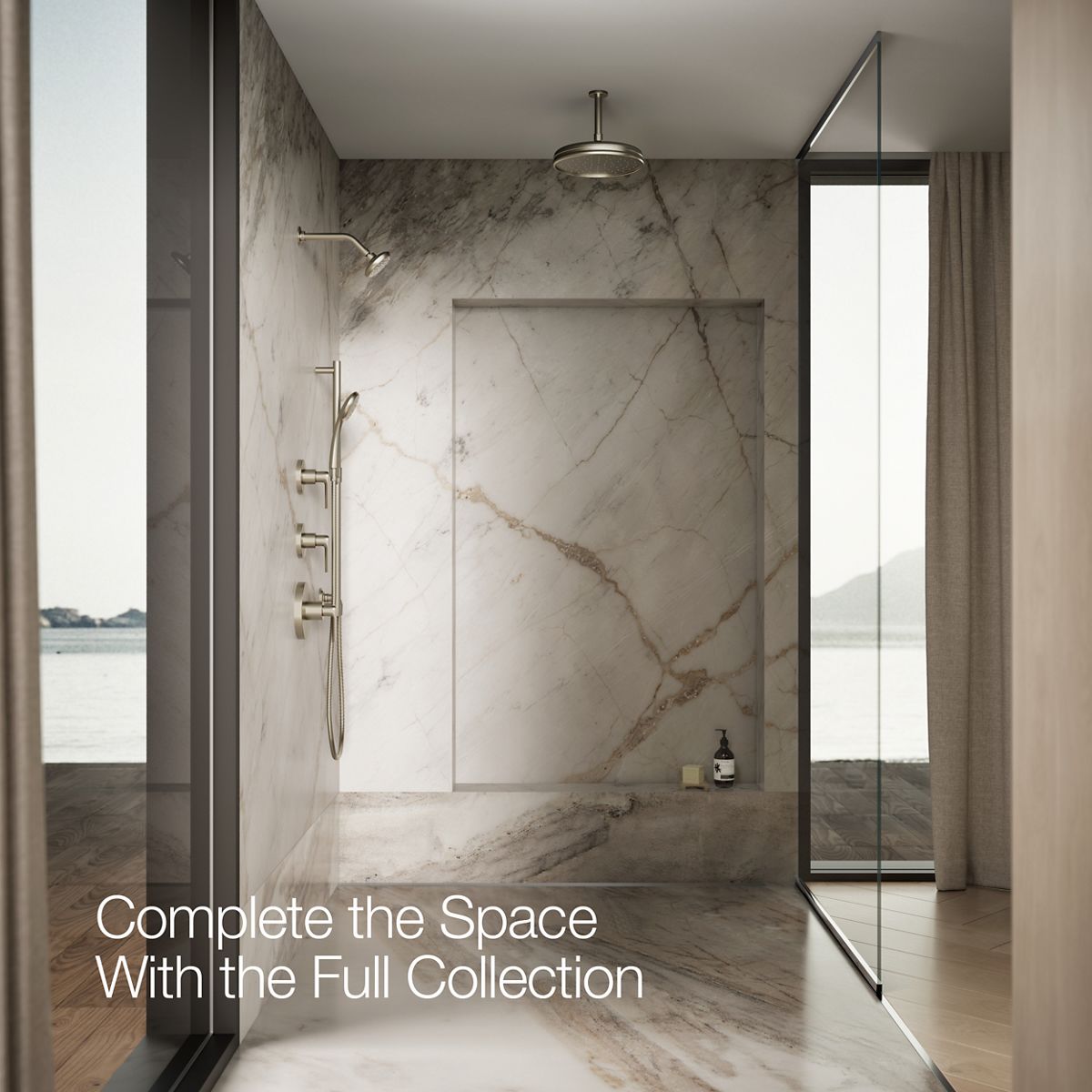 Up to 3 walls & multiple product categories visible, 1-point perspective