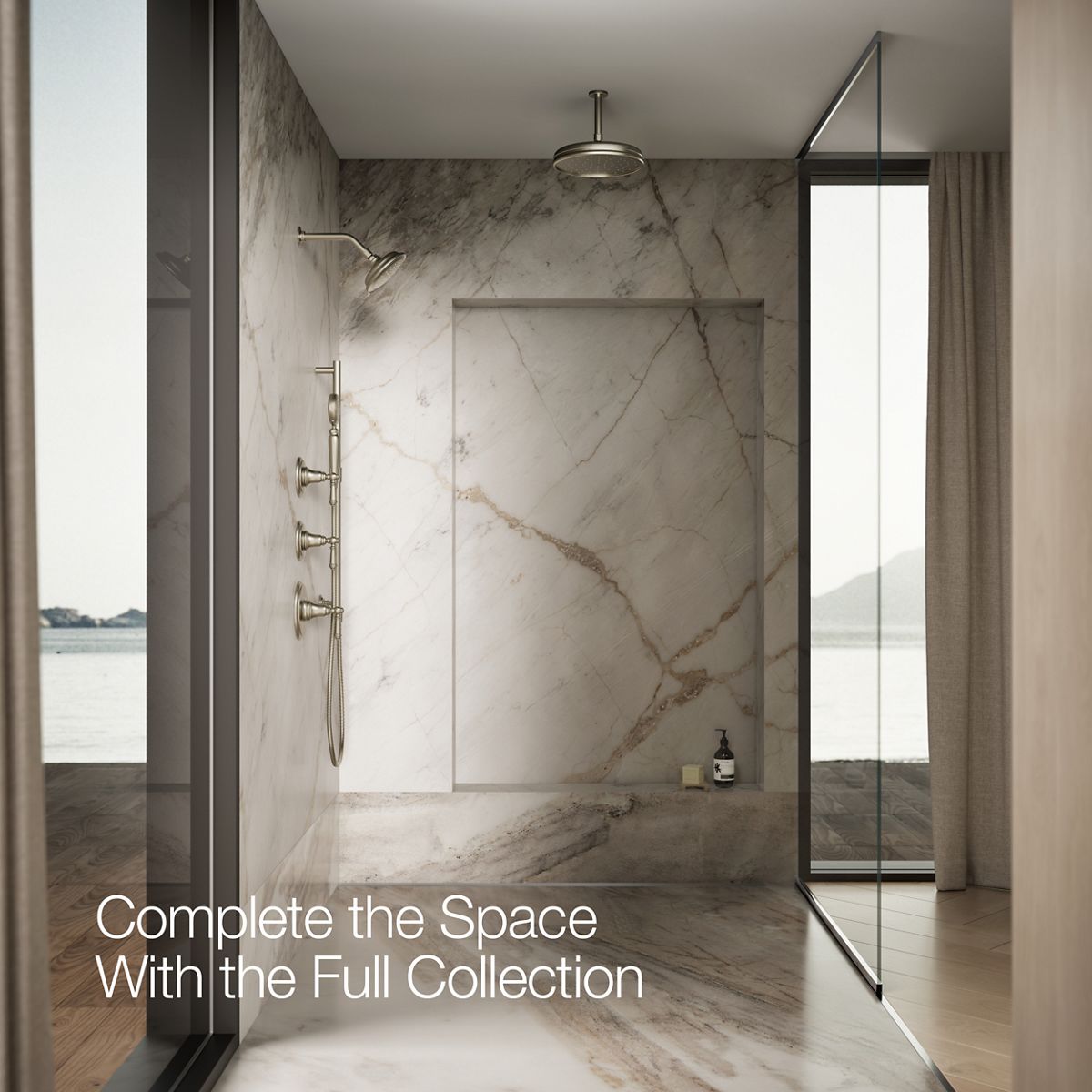 Up to 3 walls & multiple product categories visible, 1-point perspective