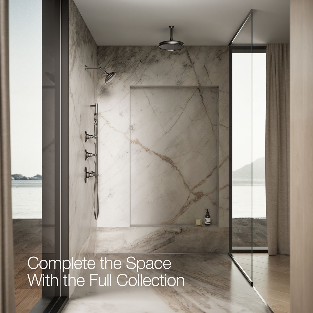 Up to 3 walls & multiple product categories visible, 1-point perspective